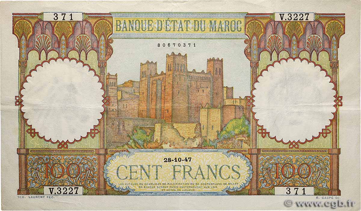 100 Francs MARUECOS  1947 P.20 MBC