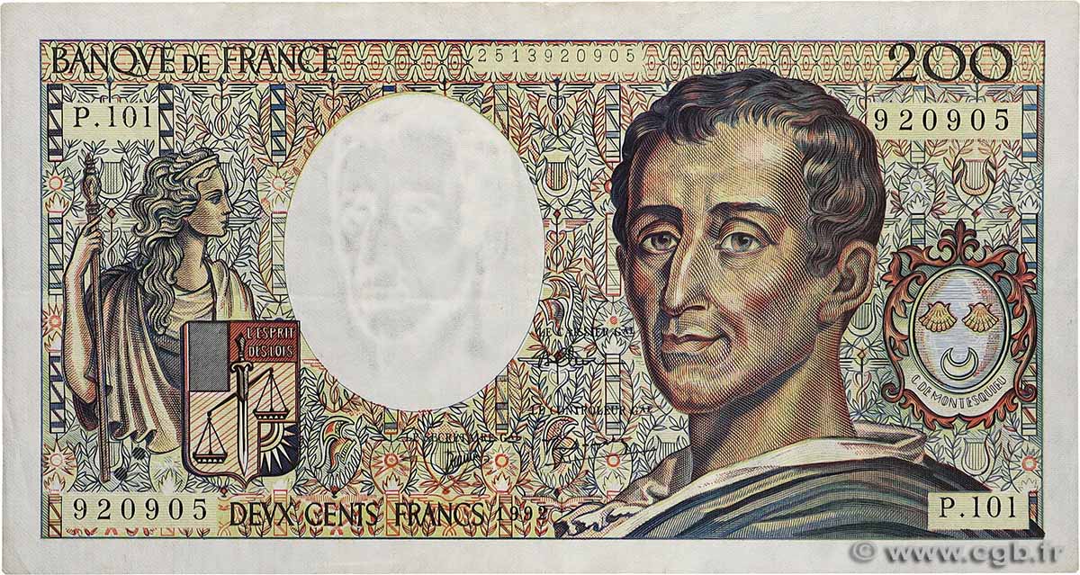 200 Francs MONTESQUIEU alphabet 101 FRANCE  1992 F.70bis.01 VF+