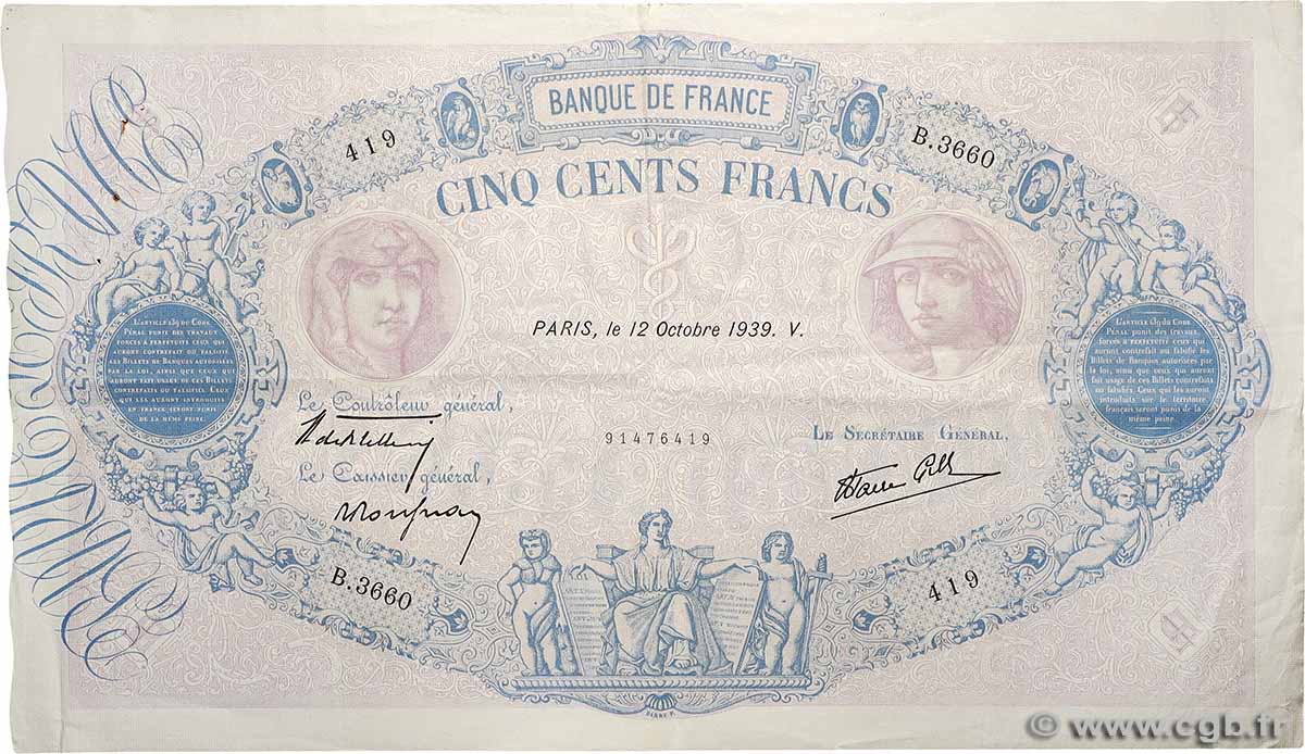 500 Francs BLEU ET ROSE modifié FRANCE  1939 F.31.43 TTB+