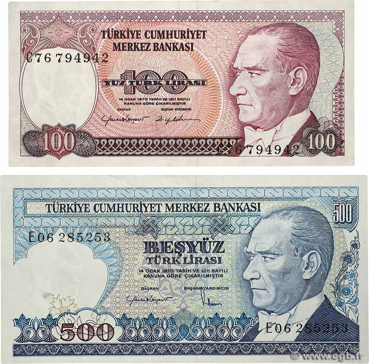 100 et 500 Lira Lot TURQUIE  1983 P.194b et P.195b SUP