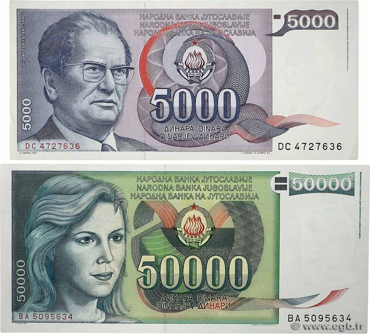 5000 et 50000 Dinara Lot YUGOSLAVIA  1985 P.093a et P.096 q.FDC