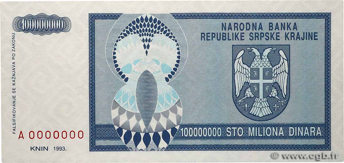 100000000 Dinara Spécimen CROATIE  1993 P.R15s NEUF