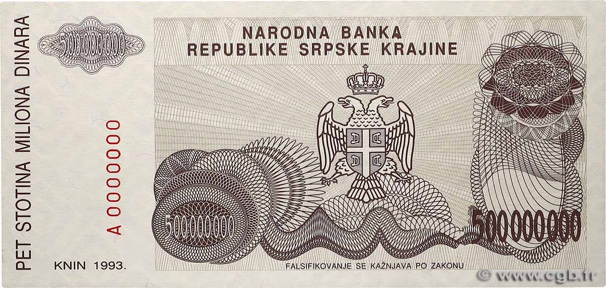 500 000 000 Dinara Spécimen KROATIEN  1993 P.R26s ST