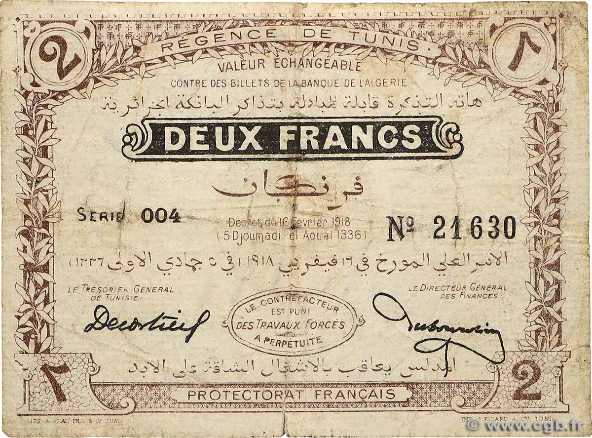 2 Francs TUNISIE  1918 P.34 B
