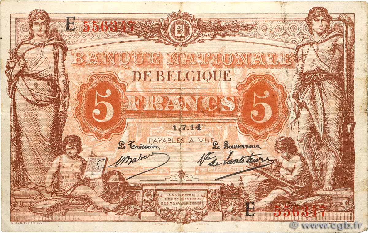 5 Francs BELGIUM  1914 P.074a F