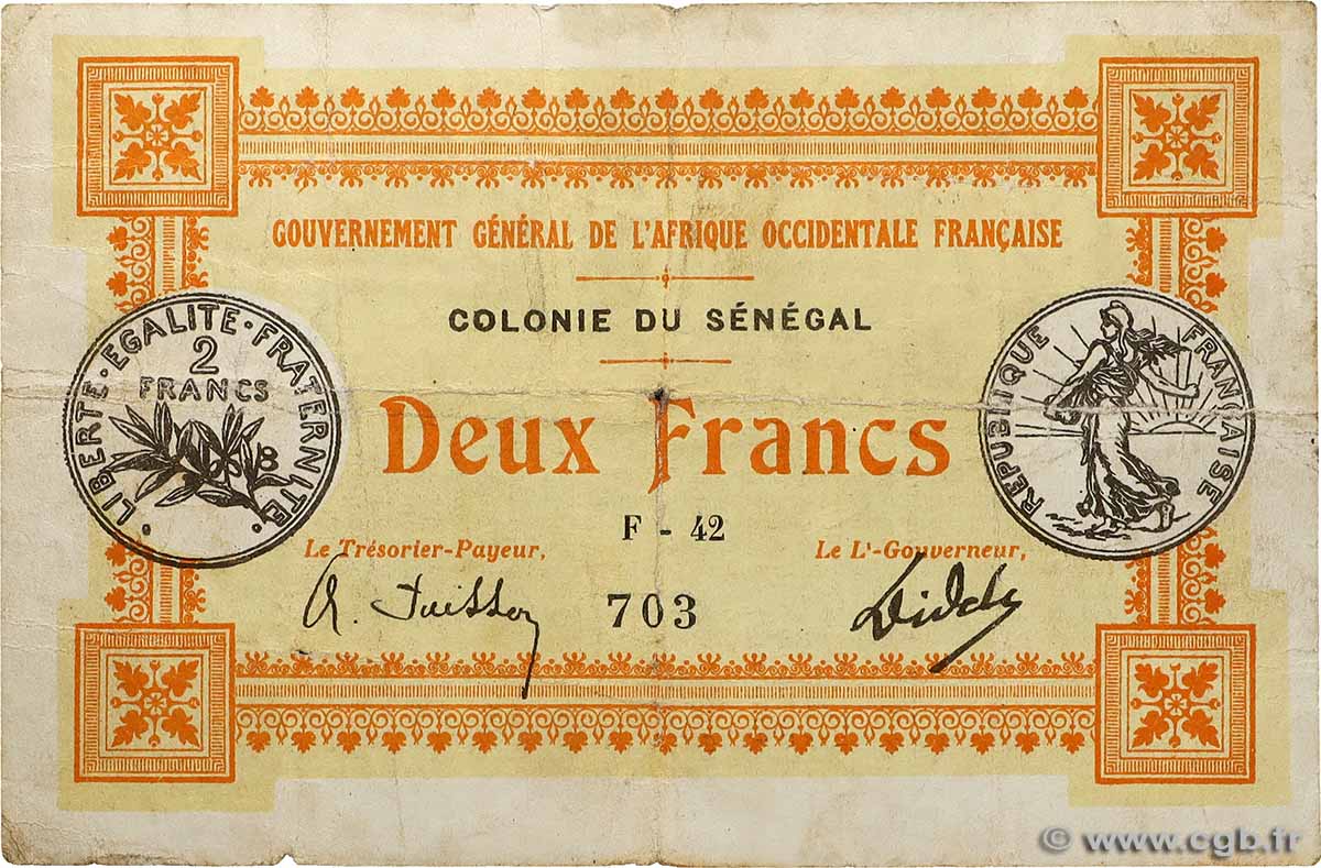 2 Francs SENEGAL  1917 P.03c VG