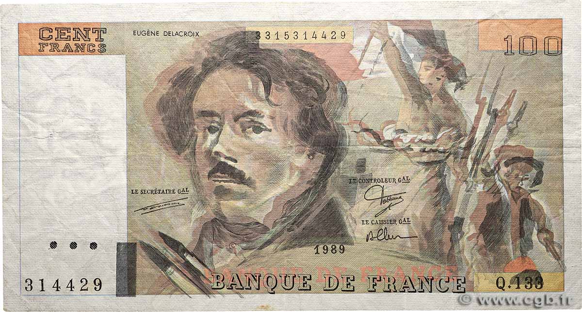 100 Francs DELACROIX modifié Fauté FRANCIA  1989 F.69.13a BB