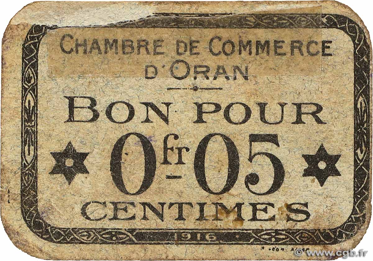5 Centimes ALGERIA Oran 1916 JP.141.46 F