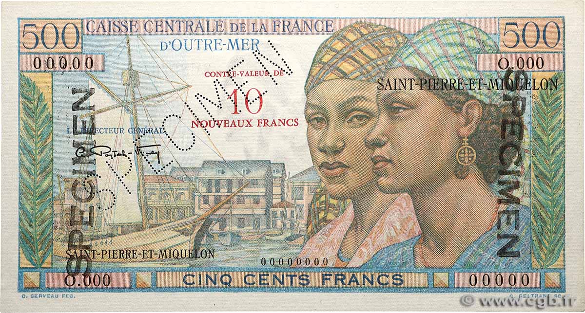 10 NF sur 500 Francs Pointe à Pitre Spécimen SAINT-PIERRE UND MIQUELON  1964 P.33s fST+