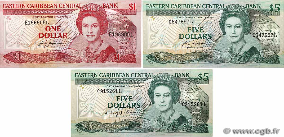 5 Dollars Lot EAST CARIBBEAN STATES  1988 P.21l, P.22l1 et P.22l2 UNC-