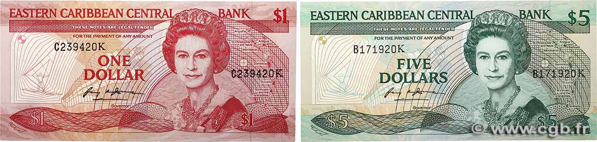 1 et 5 Dollars Lot EAST CARIBBEAN STATES  1988 P.21k et P.22k1 ST