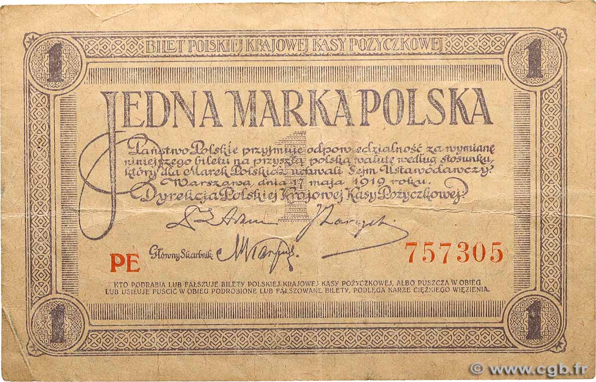 1 Marka POLOGNE  1919 P.019 TB+