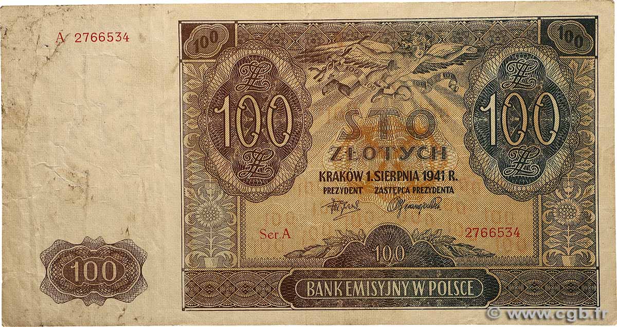 100 Zlotych POLONIA  1941 P.103 q.BB