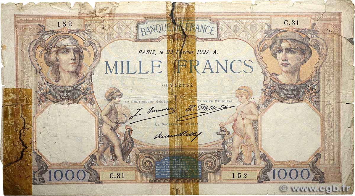 1000 Francs CÉRÈS ET MERCURE FRANKREICH  1927 F.37.01 GE
