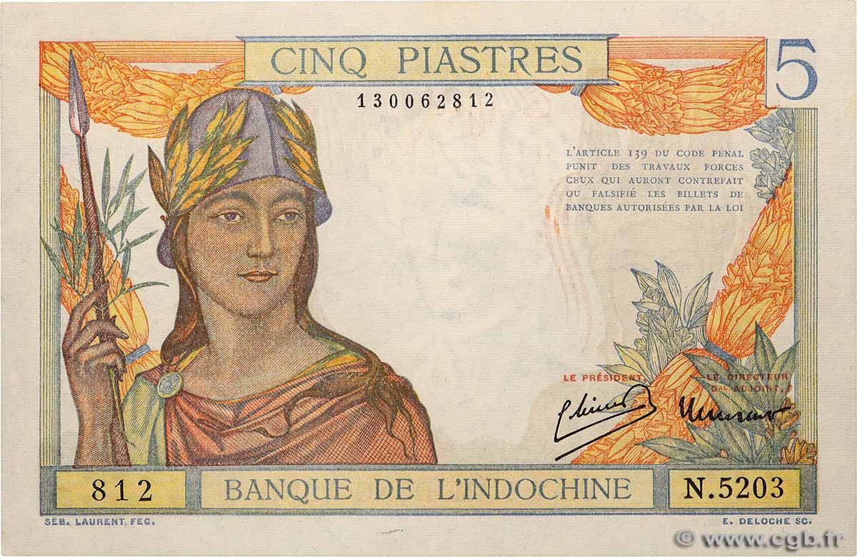5 Piastres FRANZÖSISCHE-INDOCHINA  1949 P.055 fST+