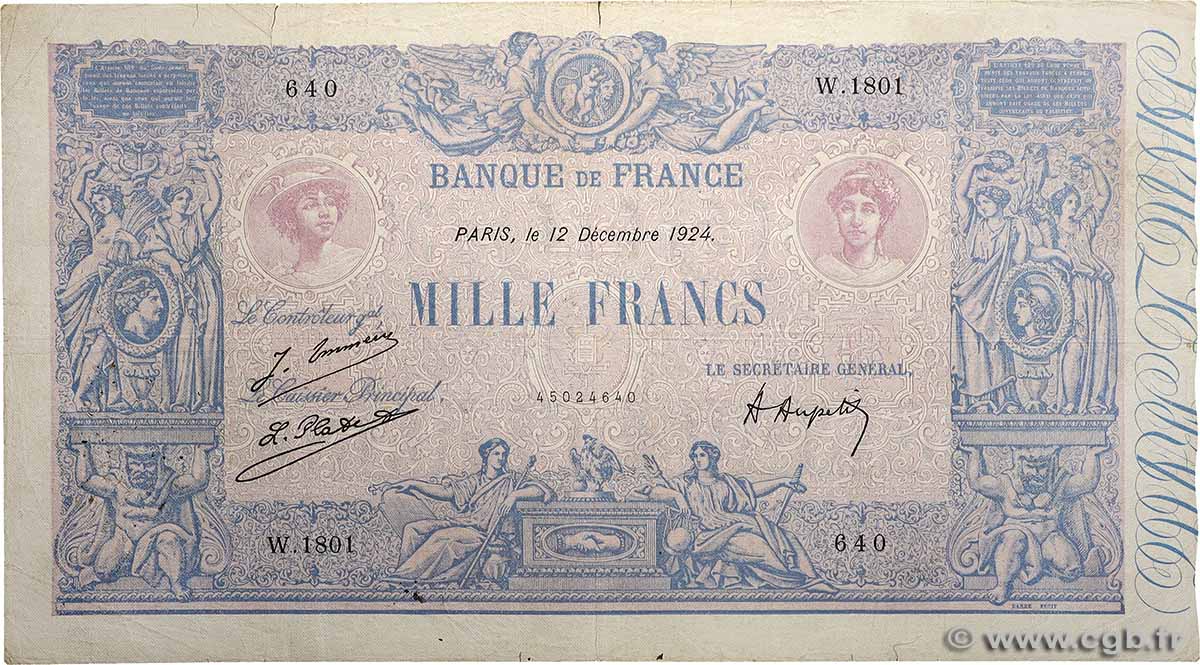 1000 Francs BLEU ET ROSE FRANCE  1924 F.36.40 VG