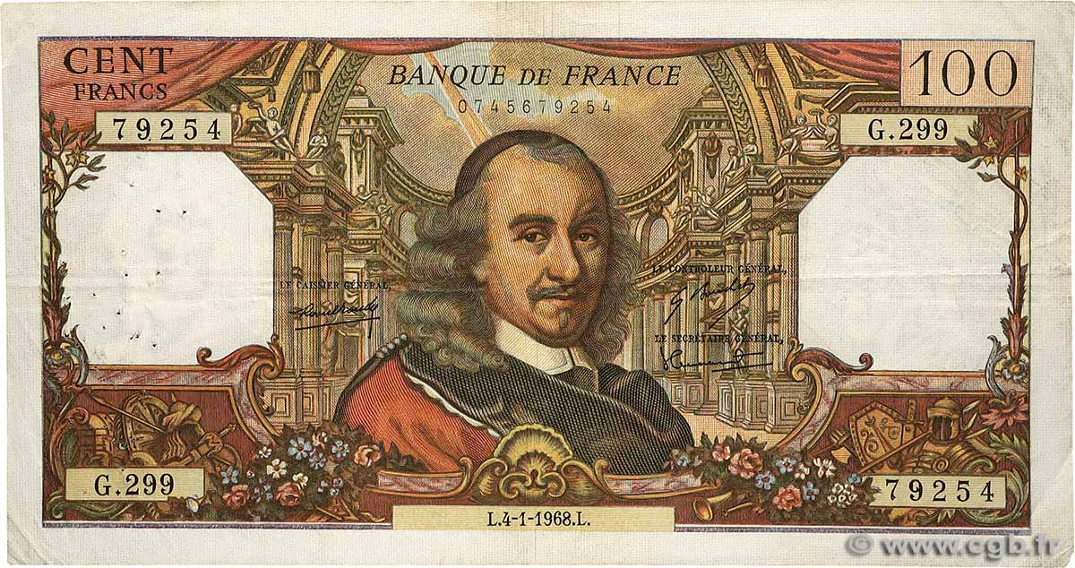 100 Francs CORNEILLE FRANCE  1968 F.65.20 B+