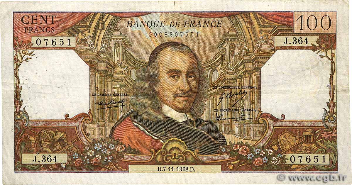 100 Francs CORNEILLE FRANCE  1968 F.65.24 B+