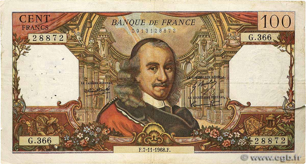 100 Francs CORNEILLE FRANCE  1968 F.65.24 B+