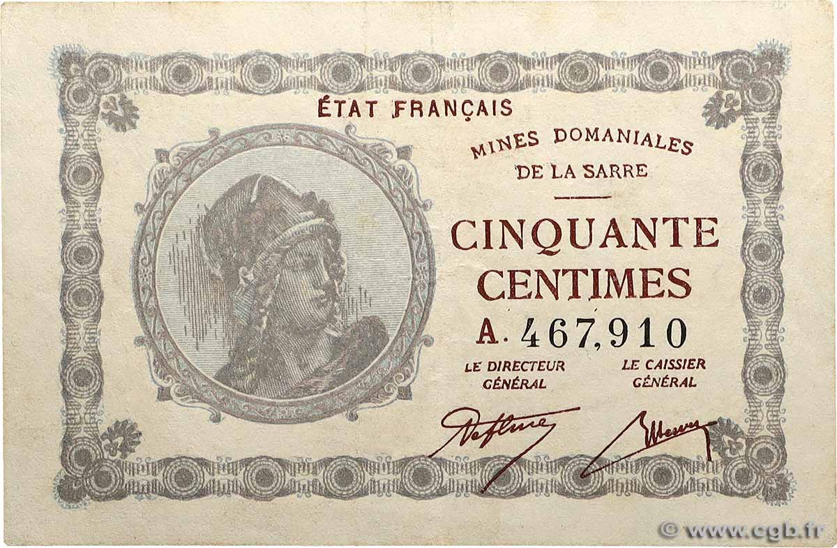 50 Centimes MINES DOMANIALES DE LA SARRE FRANKREICH  1920 VF.50.01 fVZ