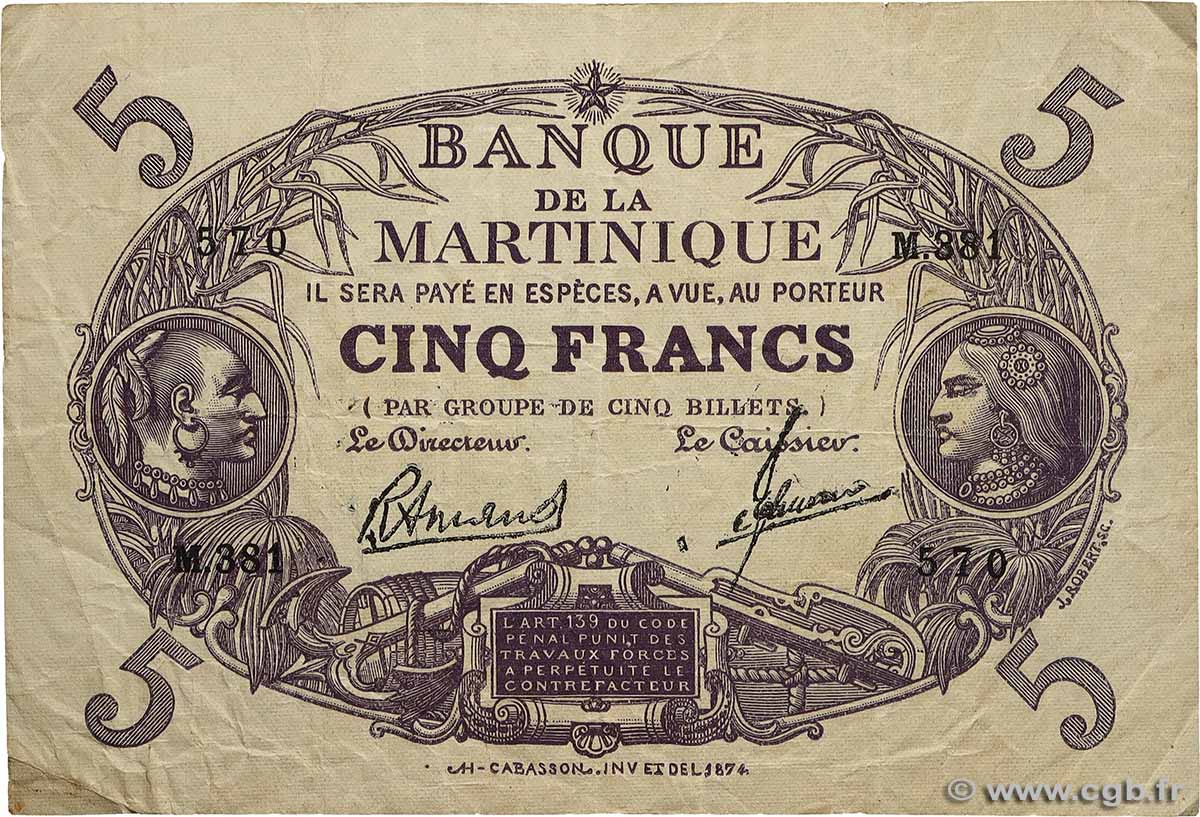 5 Francs Cabasson violet MARTINIQUE  1945 P.06 fSS