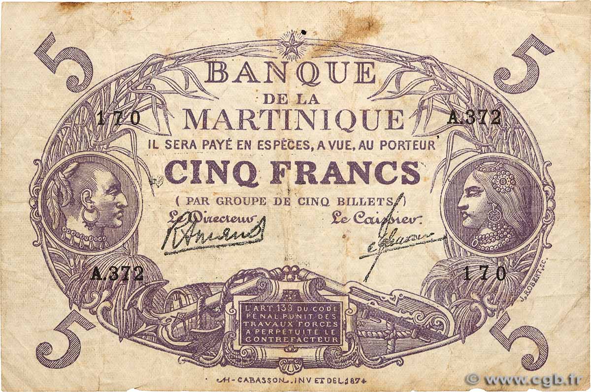 5 Francs Cabasson violet MARTINIQUE  1945 P.06 F