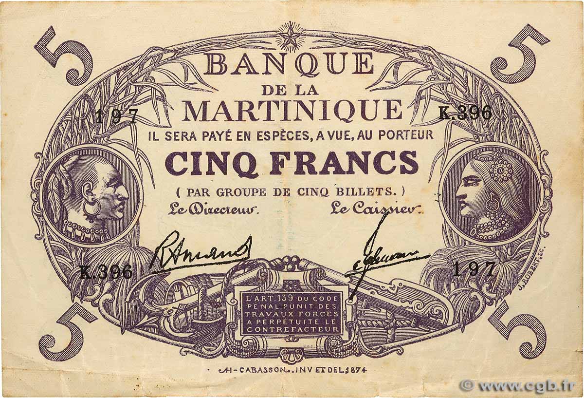5 Francs Cabasson violet MARTINIQUE  1945 P.06 VF-