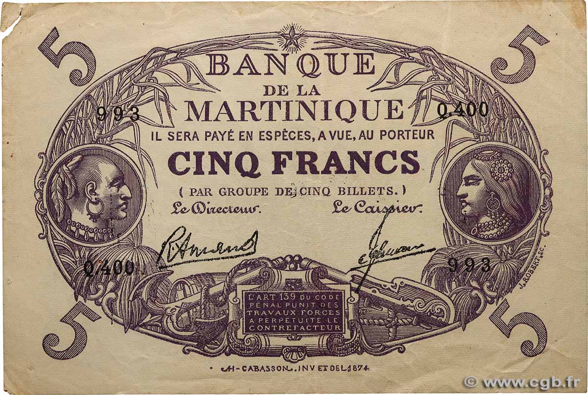 5 Francs Cabasson violet MARTINIQUE  1945 P.06 TB+
