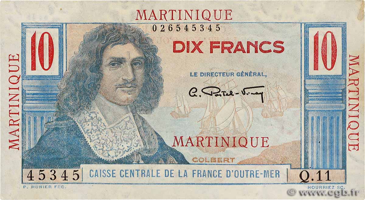 10 Francs Colbert Numéro spécial MARTINIQUE  1946 P.28 VF