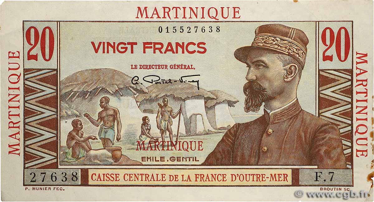 20 Francs Émile Gentil MARTINIQUE  1946 P.29 VF