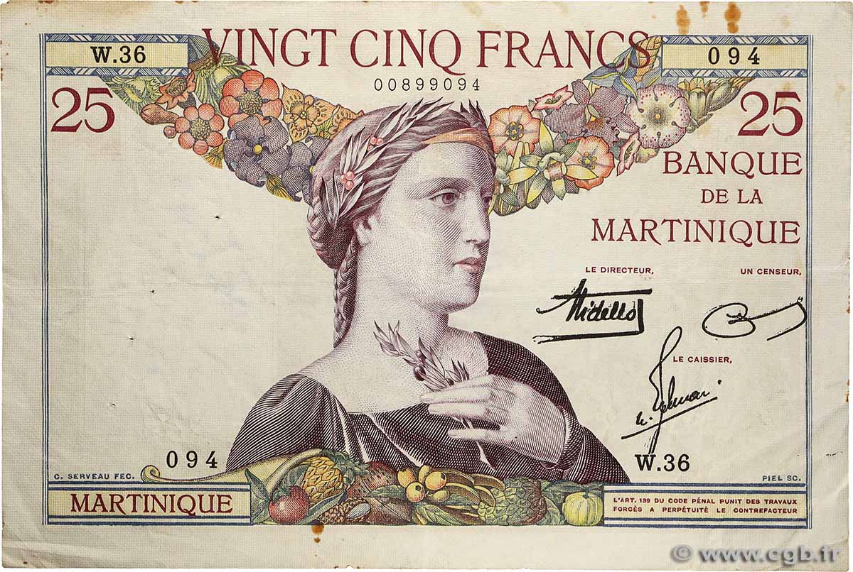 25 Francs MARTINIQUE  1938 P.12 VF