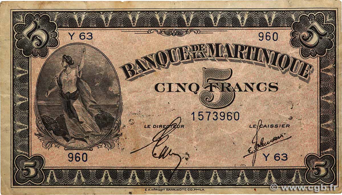 5 Francs MARTINIQUE  1942 P.16b TB