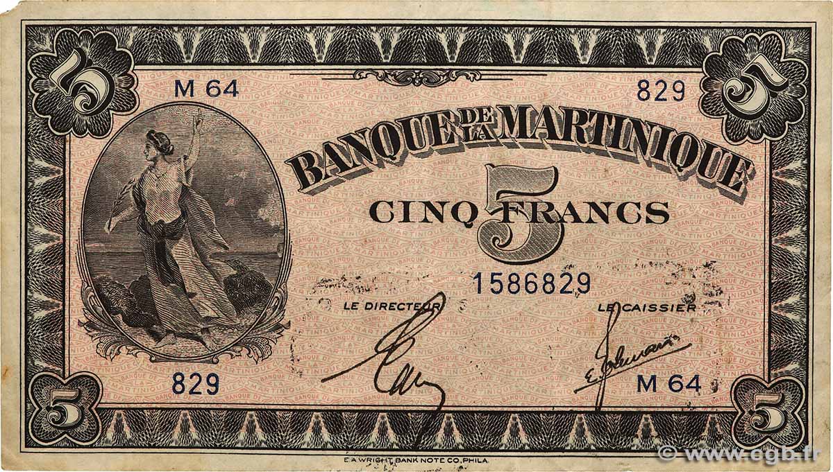 5 Francs MARTINIQUE  1942 P.16b TTB