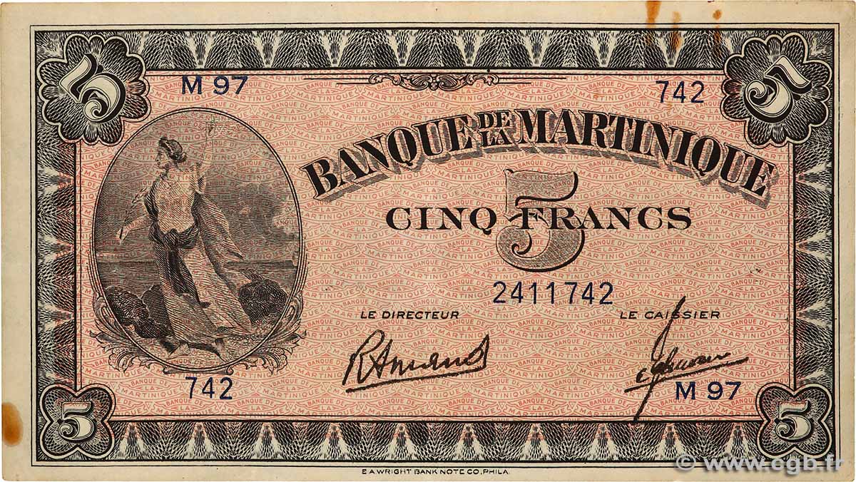 5 Francs MARTINIQUE  1942 P.16b TTB