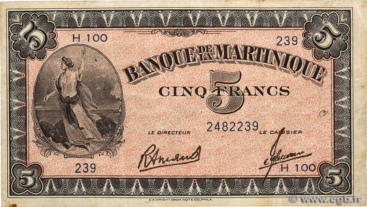 5 Francs MARTINIQUE  1942 P.16b BC