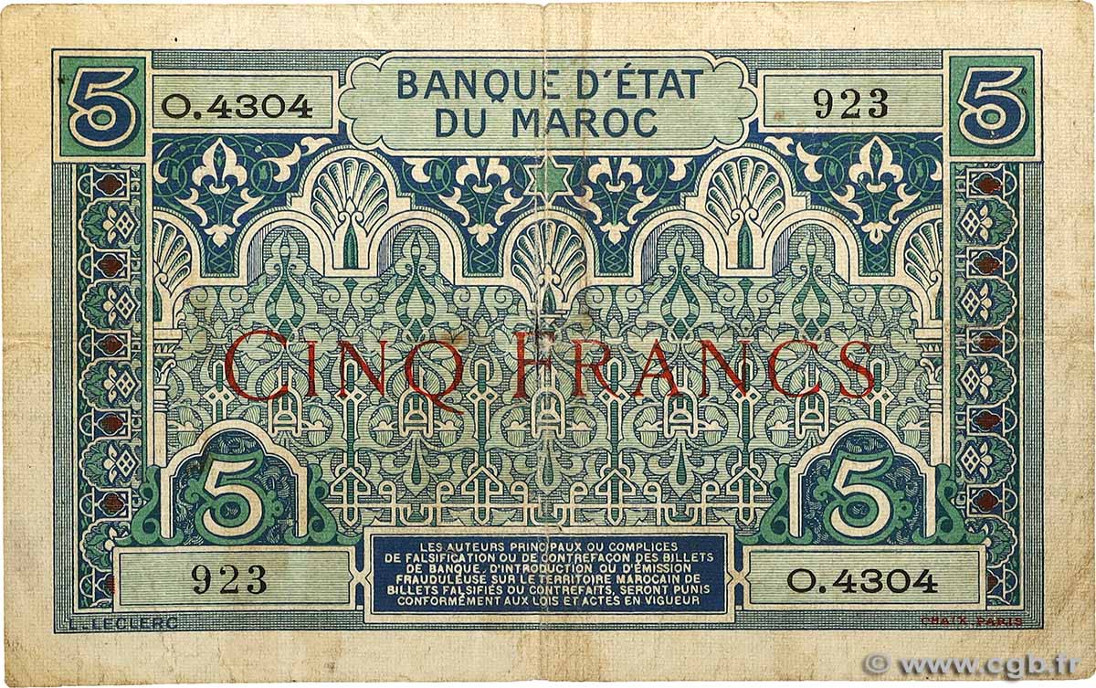 5 Francs MAROKKO  1924 P.09 fS