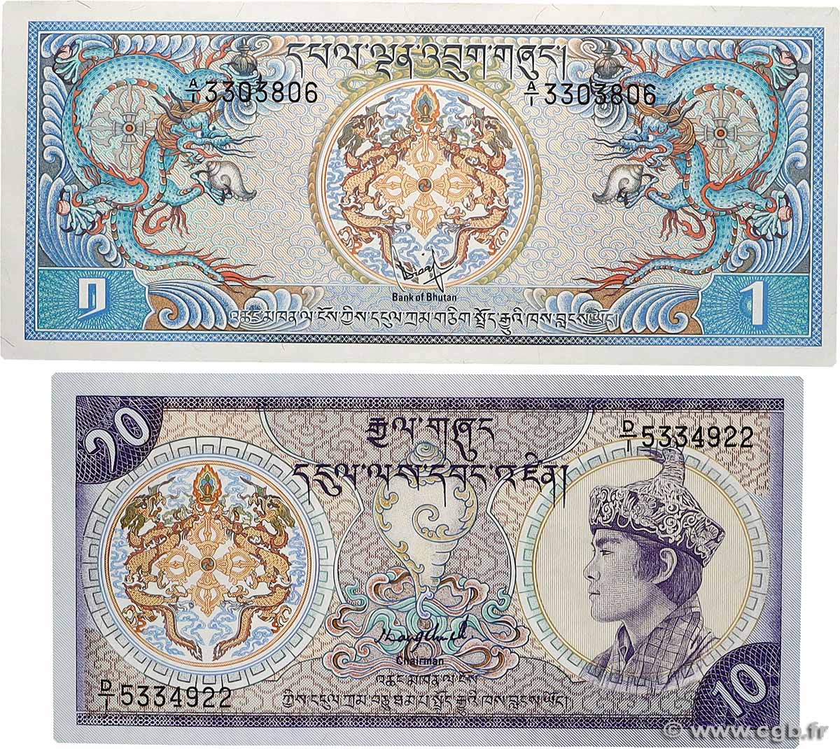 1 et 10 Ngultrum Lot BHOUTAN  1981 P.05 et P.08 pr.NEUF