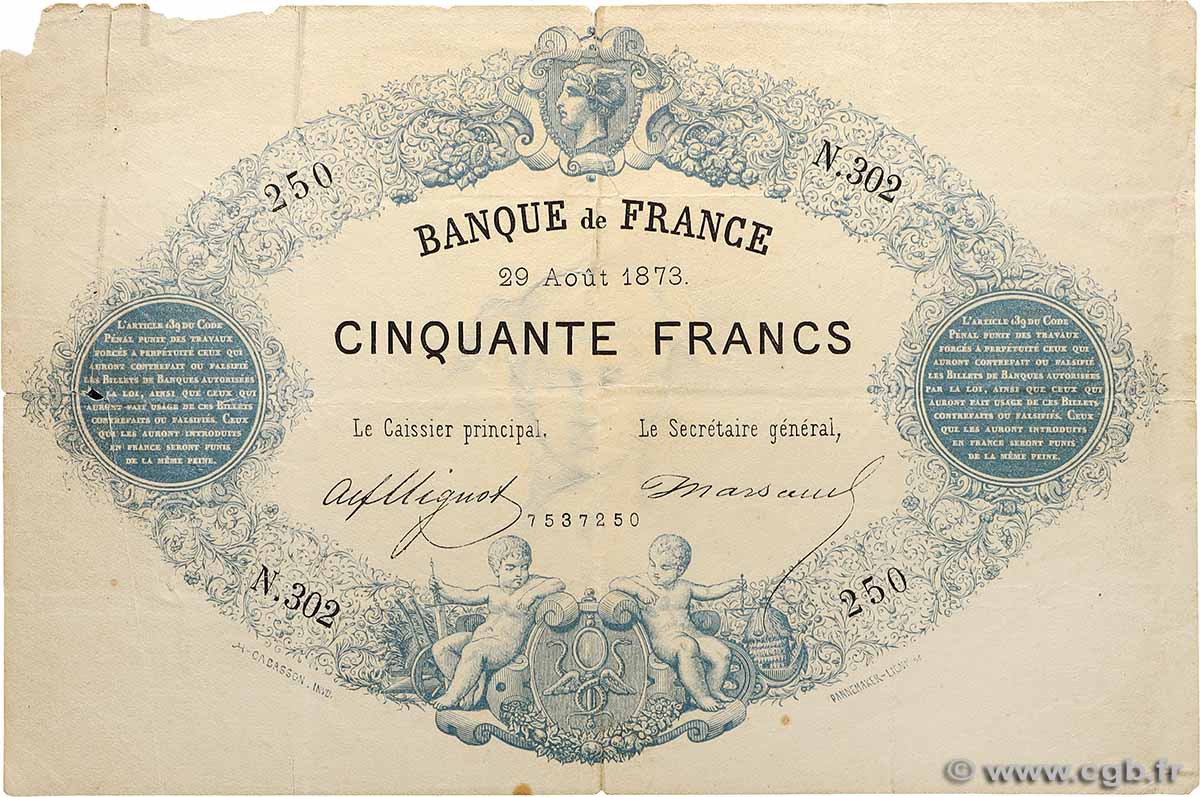 50 Francs type 1868 - Bleu à indices Noirs FRANCE  1873 F.A38.07 F-
