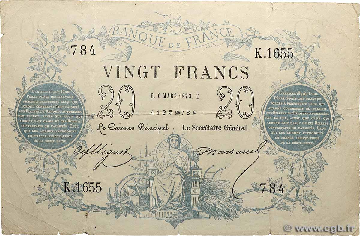 20 Francs type 1871 - Bleu FRANCE  1873 F.A46.04 F