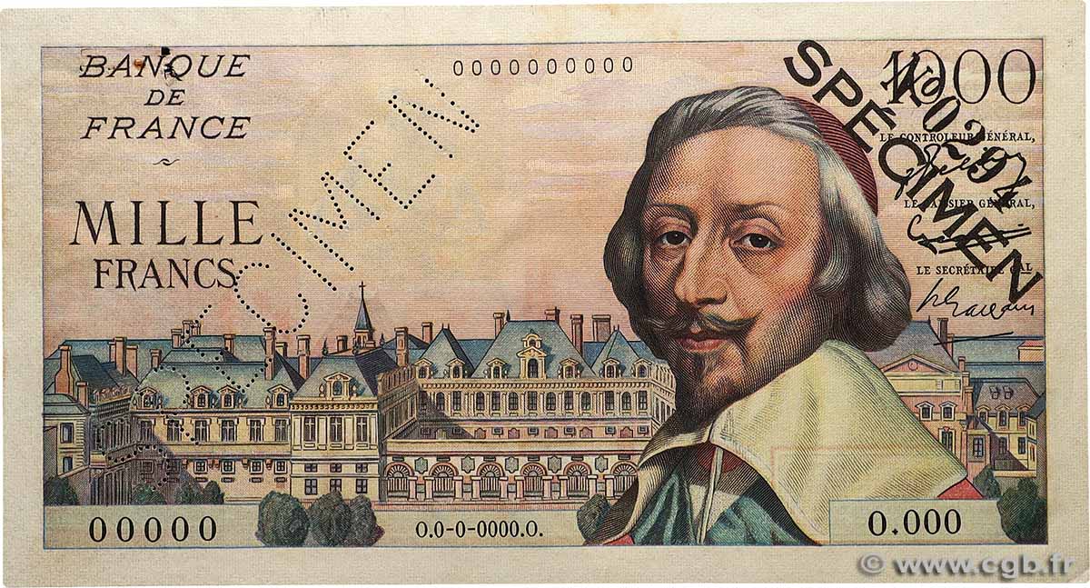 1000 Francs RICHELIEU Spécimen FRANCE  1953 F.42.01Spn XF-