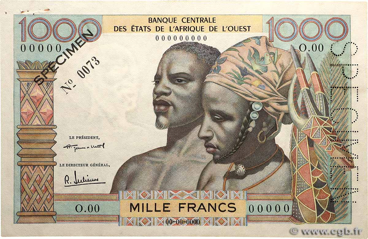 1000 Francs Spécimen WEST AFRIKANISCHE STAATEN  1963 P.004s fVZ