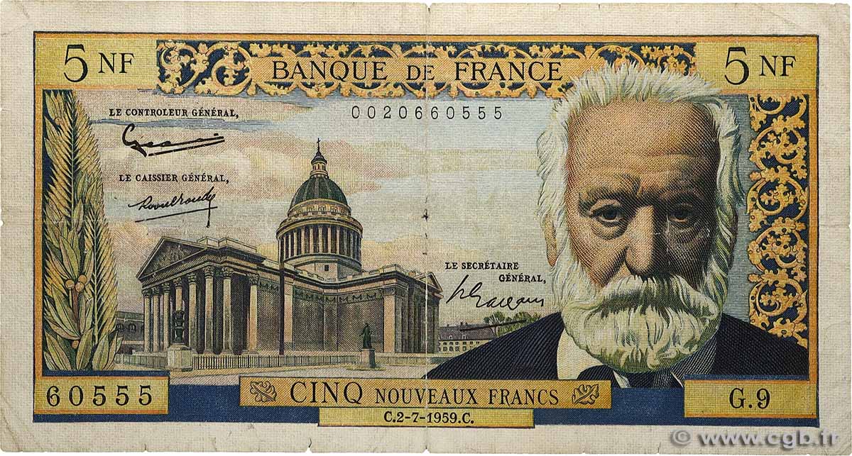 5 Nouveaux Francs VICTOR HUGO FRANCE  1959 F.56.02 B