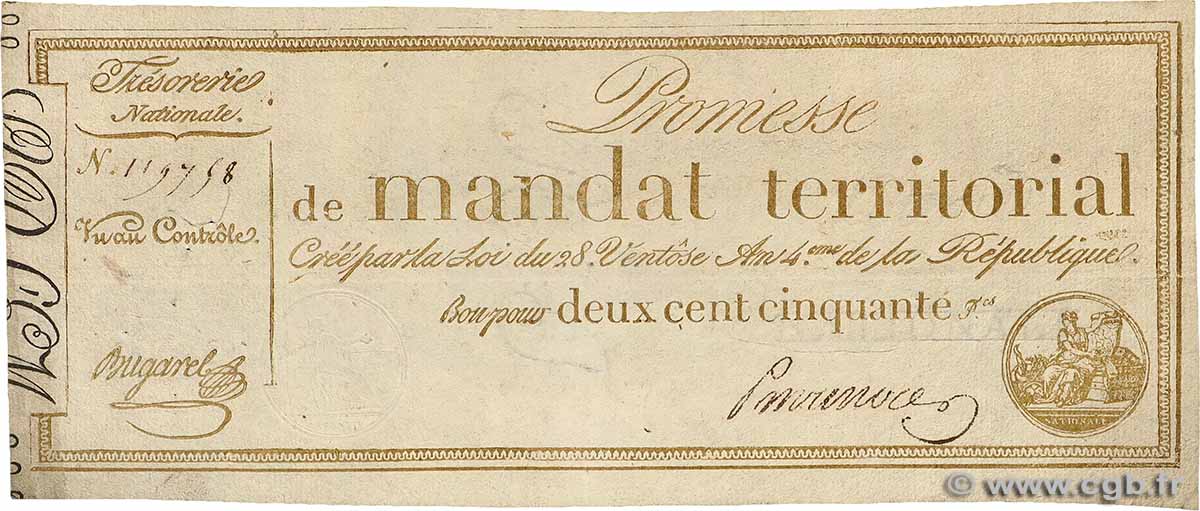 250 Francs sans série FRANCE  1796 Ass.61a VF+