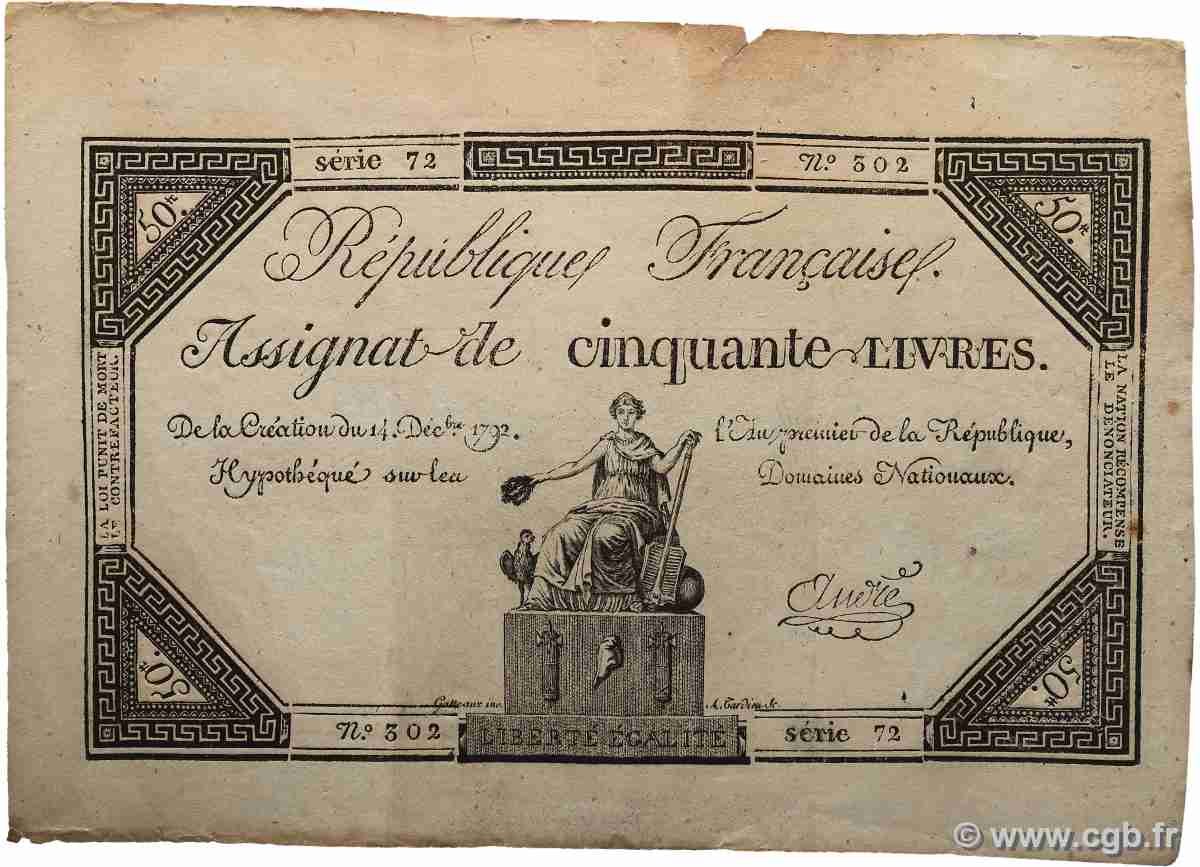 50 Livres FRANCE  1792 Ass.39a TTB+