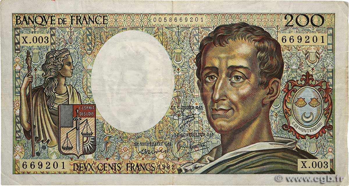 200 Francs MONTESQUIEU FRANCIA  1981 F.70.01 MB