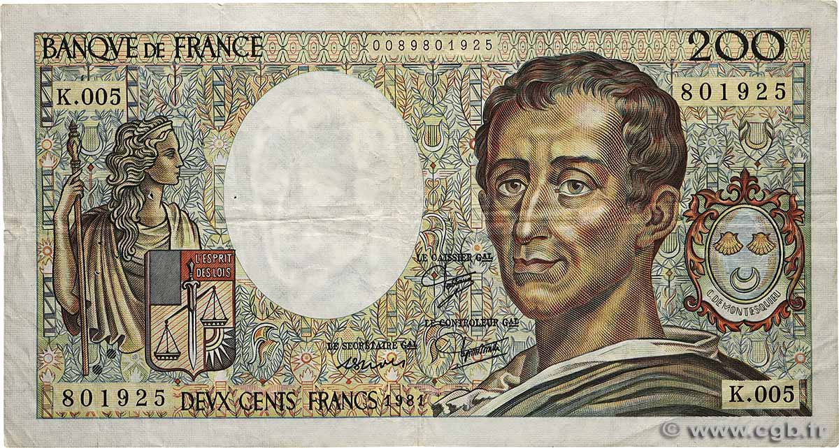 200 Francs MONTESQUIEU FRANCE  1981 F.70.01 TB