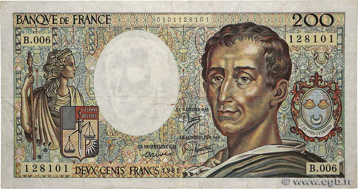 200 Francs MONTESQUIEU FRANCE  1981 F.70.01 TB