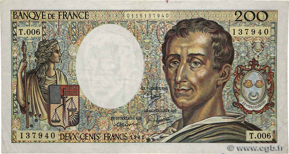 200 Francs MONTESQUIEU FRANCE  1981 F.70.01 TB
