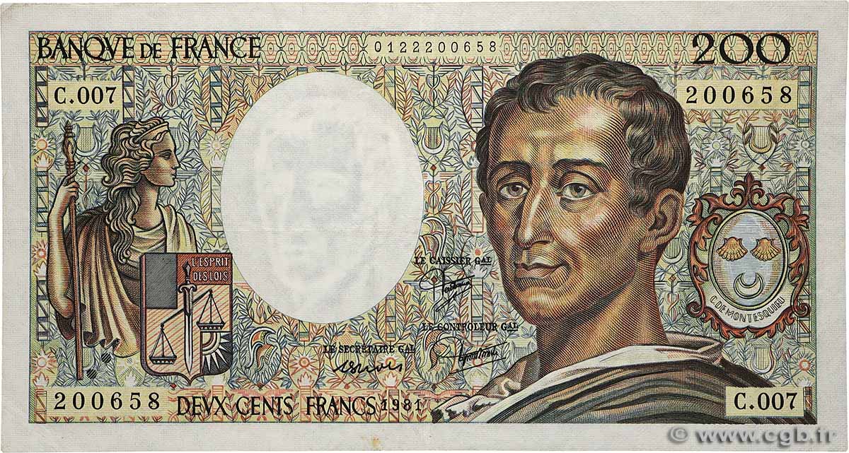200 Francs MONTESQUIEU FRANKREICH  1981 F.70.01 fSS