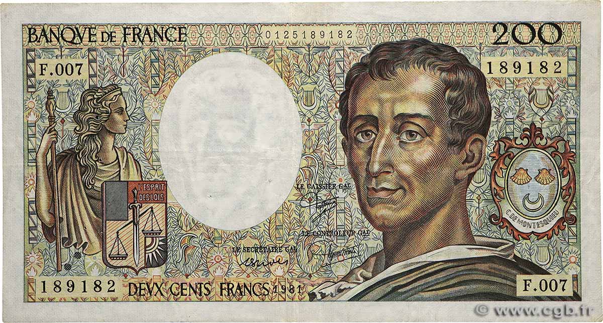 200 Francs MONTESQUIEU FRANCE  1981 F.70.01 TB+
